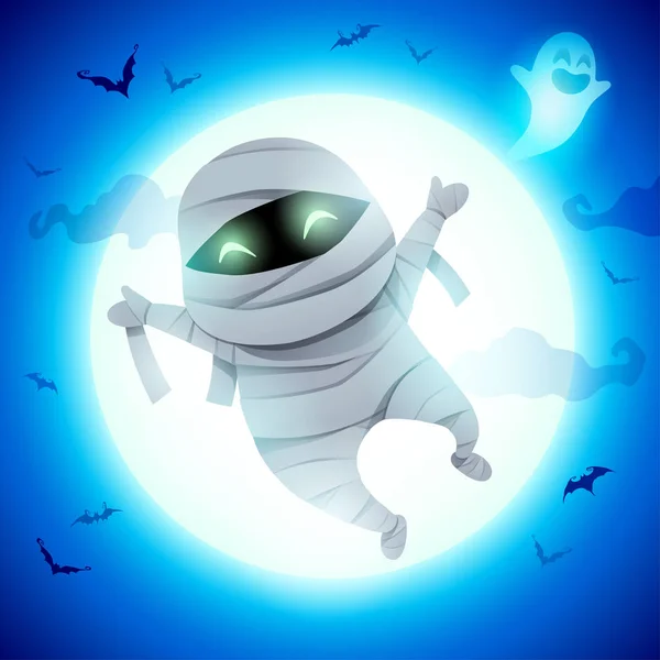 Cute Little Mummy Kid Halloween Costume Jumping Moonlight — Stock Vector