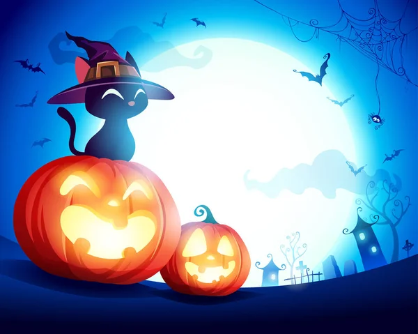 Chat Noir Avec Chapeau Sorcière Sur Citrouille Halloween Clair Lune — Image vectorielle