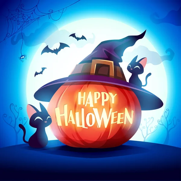 Vrolijke Halloween Halloween Pompoen Jack Lantern Pompoen Met Heks Hoed — Stockvector