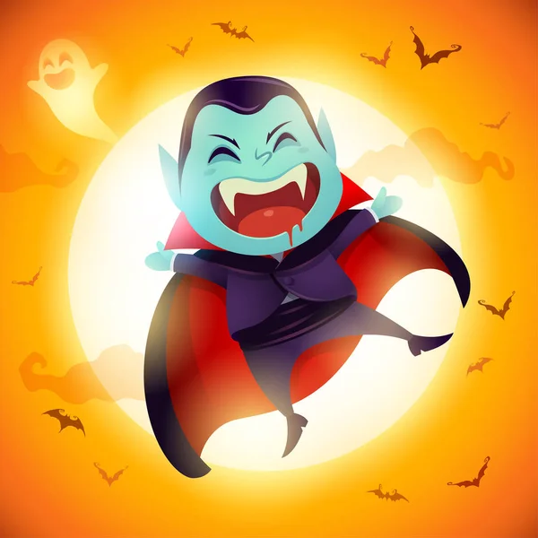 Lindo Vampiro Drácula Niño Disfraz Halloween Saltando Luz Luna — Archivo Imágenes Vectoriales