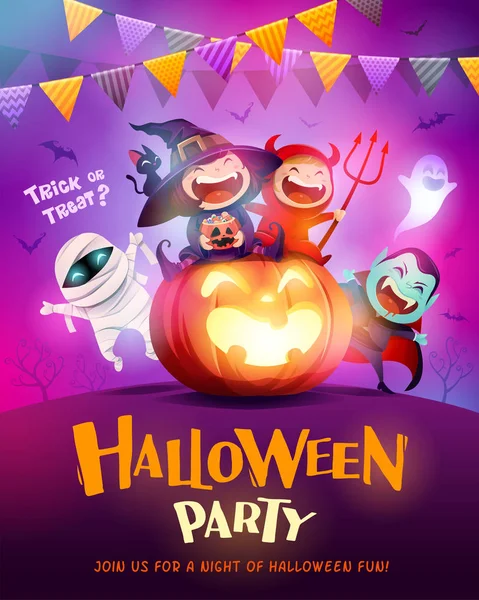 Festa Diversão Celebração Halloween Grupo Crianças Traje Halloween Sentado Uma —  Vetores de Stock