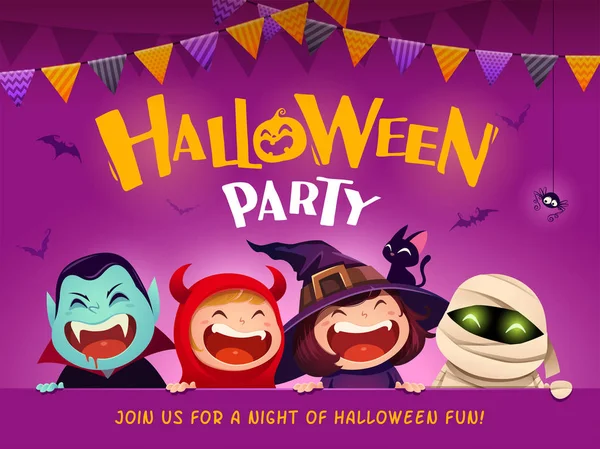 Halloween Party Skupina Dětí Halloween Kostýmu Velký Vývěsní Štít — Stockový vektor