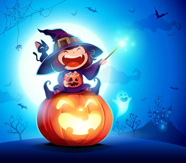 Malá Čarodějnice Halloween Kluk Holka Halloween Kostýmu Sedí Obří Dýně — Stockový vektor