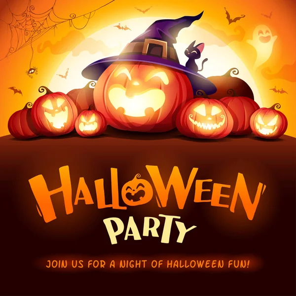 Happy Halloween. Jack O Lantern party. Halloween pumpkin patch in the moonlight.