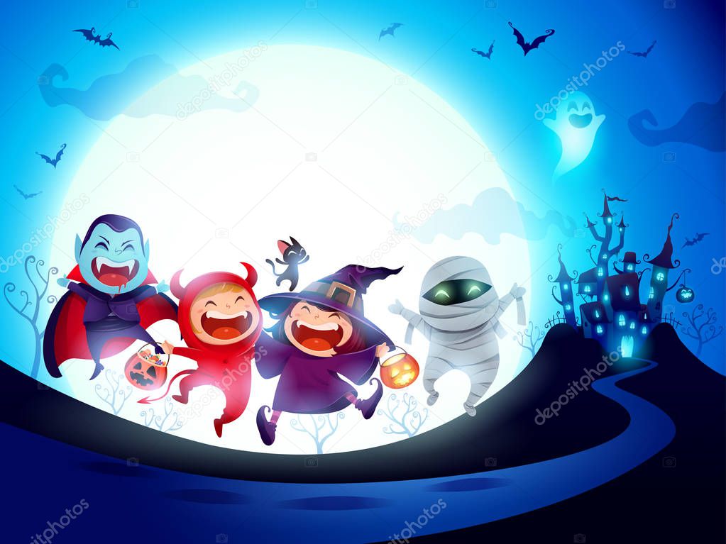 Halloween Kids Costume Party. Group of kids in Halloween costume jumping in the moonlight. 