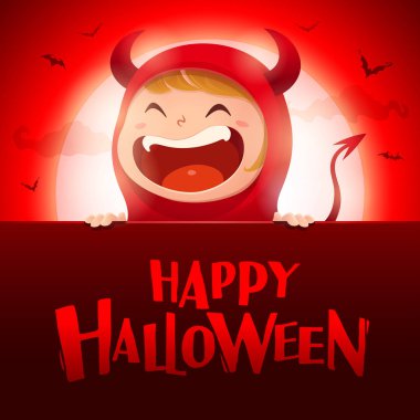 Mutlu Cadılar Bayramı kartı. Kırmızı şeytan şeytan kırmızı arka plan, vektör çizim üzerinde ışığında büyük tabela ile