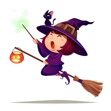 Küçük cadı uçan Cadılar Bayramı. Halloween kılık kız çocukta bir sihirli değnek tutar. İzole.