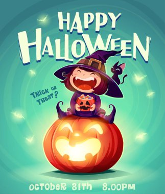 Happy Halloween. Halloween little witch. Girl kid in Halloween costume sits on a giant pumpkin. Retro vintage. Turquoise background. clipart