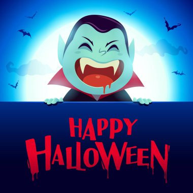 Cadılar Bayramınız Kutlu Olsun. Dracula vampir ay ışığında büyük tabela ile.