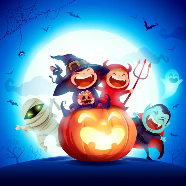 Gyerekek Halloween Jelmez Párt Csoport Gyerekek Halloween Jelmez Egy Hatalmas — Stock Vector