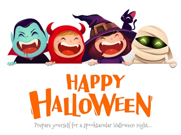 Mutlu Cadılar Bayramı Partisi Grup Çocuk Büyük Tabela Ile Halloween — Stok Vektör