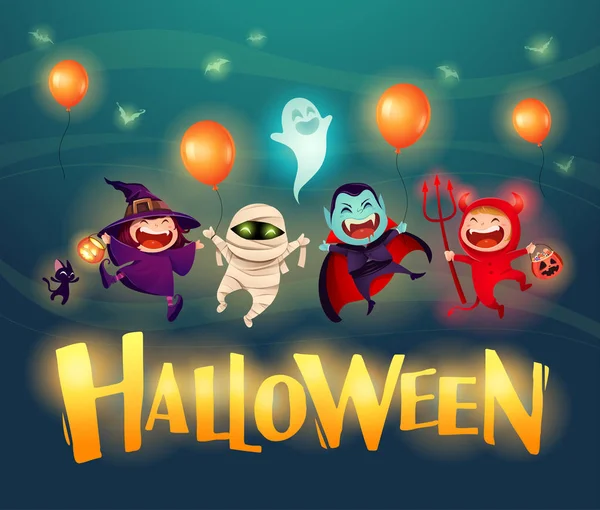 Feliz Halloween Fiesta Disfraces Para Niños Halloween Grupo Niños Disfrazados — Vector de stock