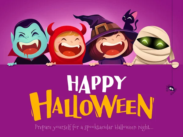 Boldog Halloween Party Csoport Gyerekek Halloween Jelmez Nagy Jelzőtábla — Stock Vector
