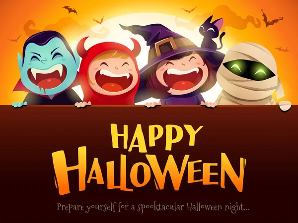 Boldog Halloween Party Csoport Gyerekek Halloween Jelmez Nagy Jelzőtábla Holdfényben — Stock Vector