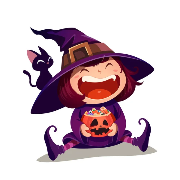Malá Čarodějnice Halloween Dívka Dítě Halloween Kostýmu Drží Dýně Plnou — Stockový vektor