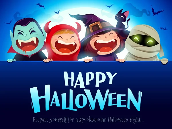 Feliz Fiesta Halloween Grupo Niños Disfrazados Halloween Con Letrero Grande — Vector de stock