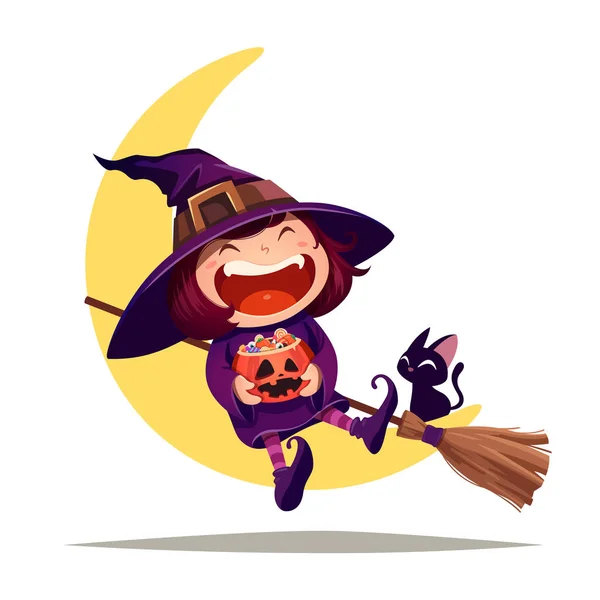 Halloween Little Witch Girl Kid Halloween Costume Sits Moon Isolated — Stock Vector