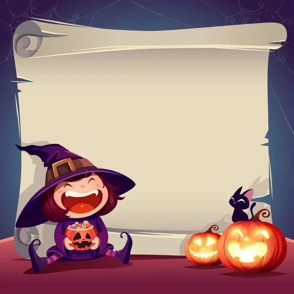 Halloween Papírové Posouvání Prázdný Papír Svitek Malá Čarodějnice Černá Kočka — Stockový vektor