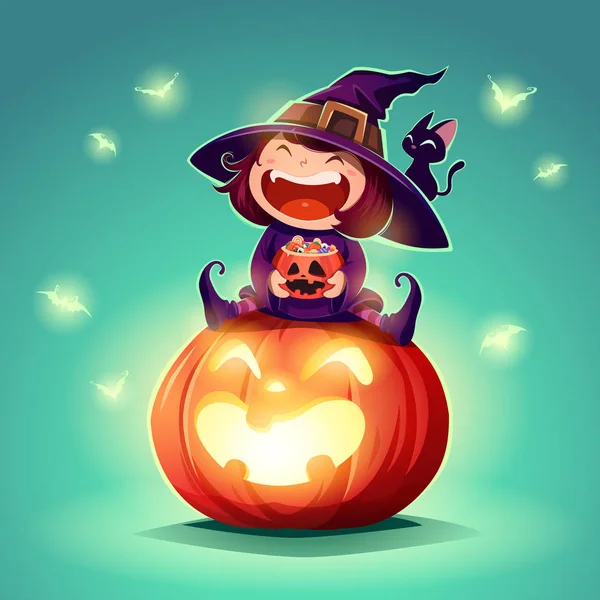 Halloween Little Witch Girl Kid Halloween Costume Sits Giant Pumpkin — Stock Vector