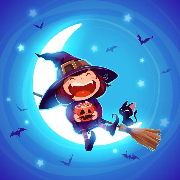 Cadılar Bayramı Küçük Cadı Halloween Kılık Mavi Arka Plan Vektör — Stok Vektör
