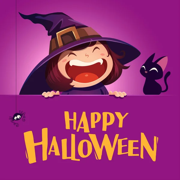Glückliche Halloween Karte Kleine Hexe Mit Großem Schild Auf Violettem — Stockvektor