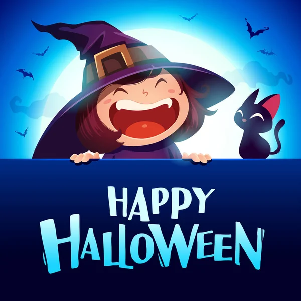 Glückliche Halloween Karte Kleine Hexe Mit Großem Schild Mondlicht Auf — Stockvektor