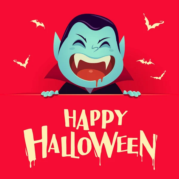 Glückliche Halloween Karte Dracula Vampir Mit Großem Schild Auf Rotem — Stockvektor