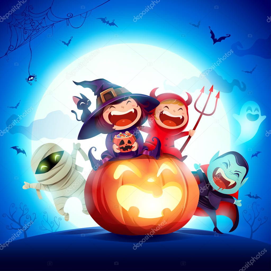 Halloween Kids Costume Party. Group of kids in Halloween costume sitting on a giant pumpkin. In the moonlight. Blue background.
