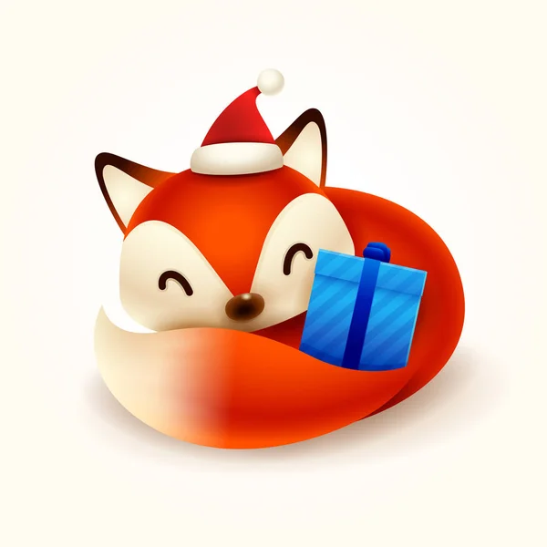 Christmas Cute Little Fox Con Gorra Santa Roja Regalo Presente — Archivo Imágenes Vectoriales