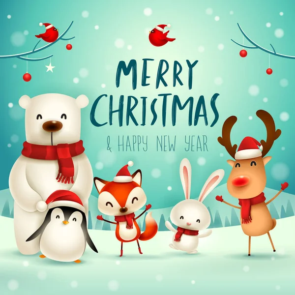 Merry Christmas Happy New Year Christmas Cute Animals Character Happy — Stock Vector