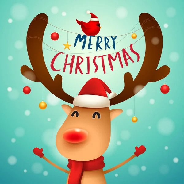 Χριστούγεννα Χαριτωμένο Μικρό Ταράνδων Κόκκινο Κασκόλ Και Santa Καπάκι Χριστούγεννα — Διανυσματικό Αρχείο