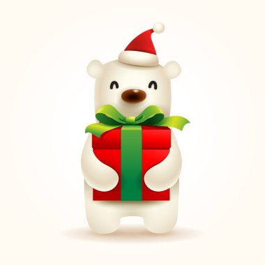 Noel şirin Little Polar Bear Santa şapka ve hediye ile mevcut.