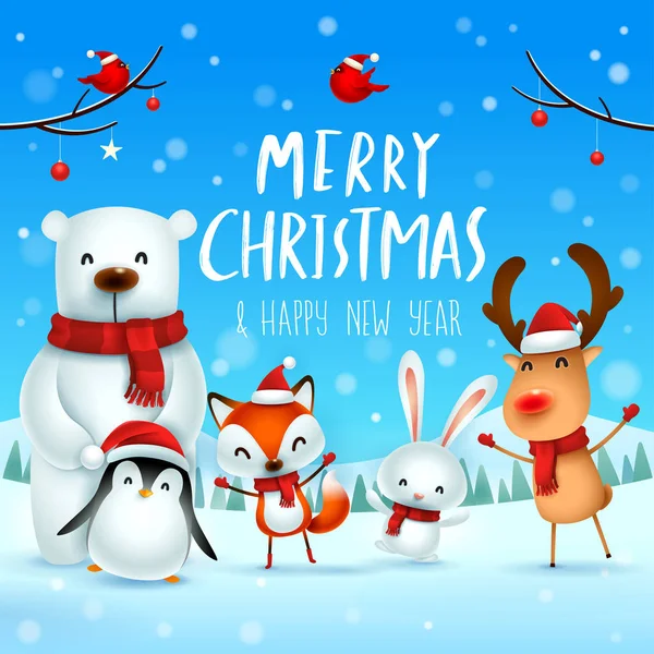 Frohe Weihnachten Und Ein Gutes Neues Jahr Weihnachten Niedliche Tiere — Stockvektor