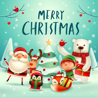 Mutlu Noeller! Mutlu Noel yoldaşları. Noel Baba, Ren geyiği, Elf, kutup ayısı, Fox, penguen ve kırmızı Kardinal kuşu Noel kar sahnesinde.