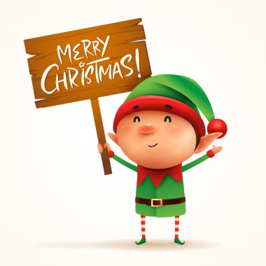 Küçük elf bir ahşap tahta Noel selamlar ile tutar. İzole. 