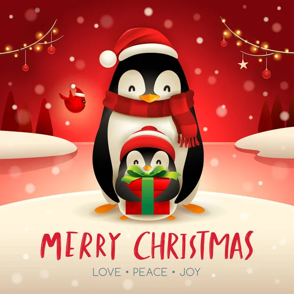 Adult Penguin Baby Penguin Christmas Snow Scene — Stock Vector