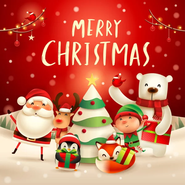 メリークリスマス 幸せなクリスマスの仲間 サンタ クロース トナカイ エルフ シロクマ フォックス ペンギン クリスマス雪のシーンで赤い枢機卿の鳥 — ストックベクタ