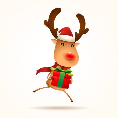 Kırmızı burunlu Ren geyiği ile hediye mevcut. İzole.