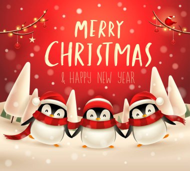 Sevimli küçük penguenler Noel kar sahne kış manzara içinde. Noel sevimli hayvan çizgi film karakteri.