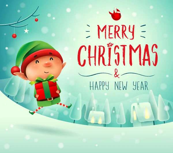 Mutlu Noeller Küçük Elf Ile Hediyelik Noel Kar Sahne Kış — Stok Vektör