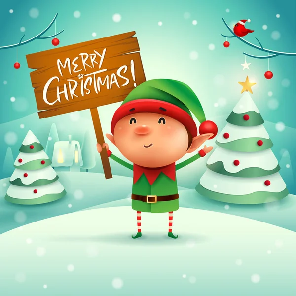 Καλά Χριστούγεννα Μικρό Ξωτικό Κατέχει Ξύλινη Σανίδα Εισέλθετε Στο Χριστουγεννιάτικο — Διανυσματικό Αρχείο
