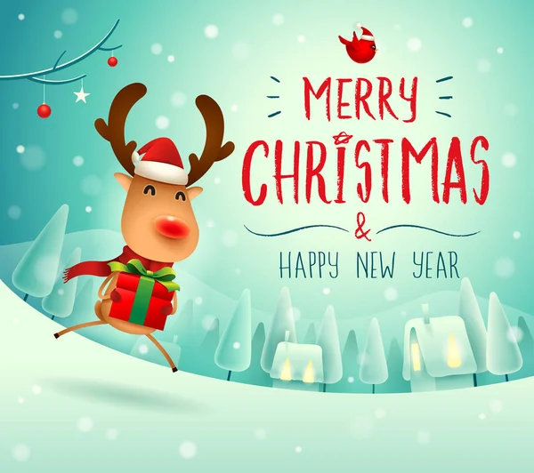 Merry Christmas Red Nosed Reindeer Gift Present Christmas Snow Scene — Stock Vector
