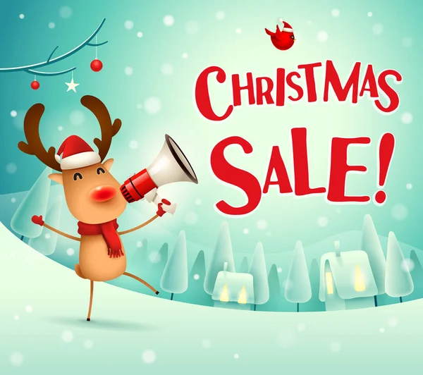 Christmas Sale Red Nosed Reindeer Megaphone Christmas Snow Scene Winter — Stock Vector