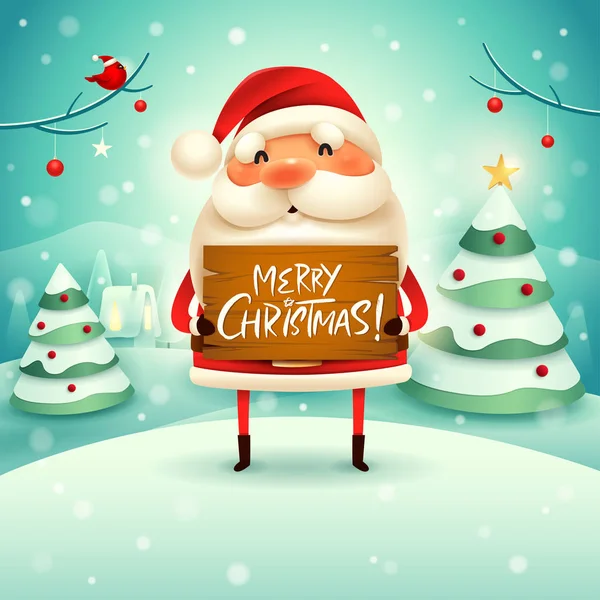 Καλά Χριστούγεννα Santa Claus Κατέχει Ξύλινη Σανίδα Εισέλθετε Στο Χριστουγεννιάτικο — Διανυσματικό Αρχείο
