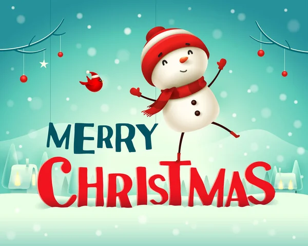 Merry Christmas Cheerful Snowman Christmas Snow Scene Winter Landscape — Stock Vector