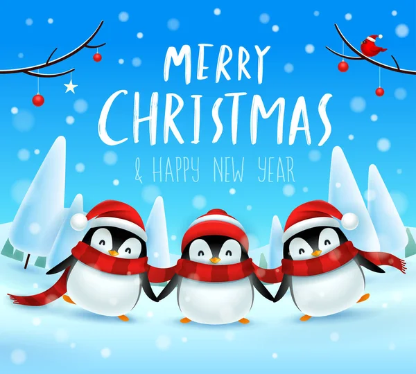 Милі Маленькі Пінгвіни Різдвяній Сніговій Сцені Зимового Пейзажу Різдвяний Милий — стоковий вектор