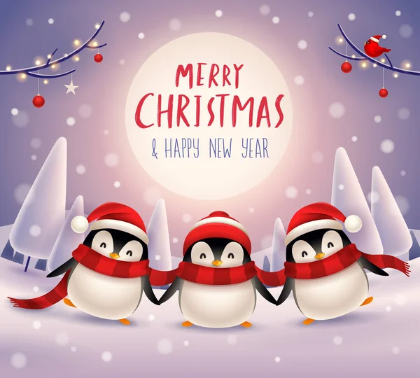 Ładny Mały Pingwiny Świetle Księżyca Boże Narodzenie Śniegu Sceny Zimowy — Wektor stockowy
