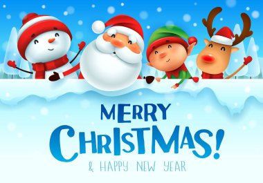 Mutlu Noeller! Mutlu Noel arkadaşları ile Noel kar sahne kış manzara içinde büyük tabela.