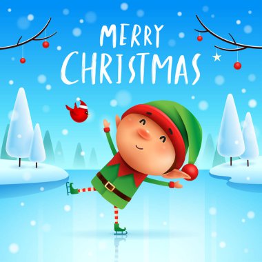 Mutlu Noeller! Paten Noel kar sahne kış manzara üzerinde küçük elf.