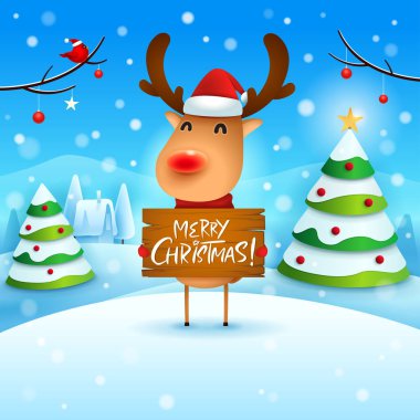 Mutlu Noeller! Ahşap tahta işaret Noel kar sahne kış manzara modunda küçük elf tutar.
